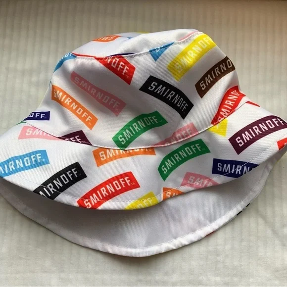 Smirnoff Vodka All Over Logo Print Bucket Hat Promo Party Colorful Rainbow White - Picture 6 of 10